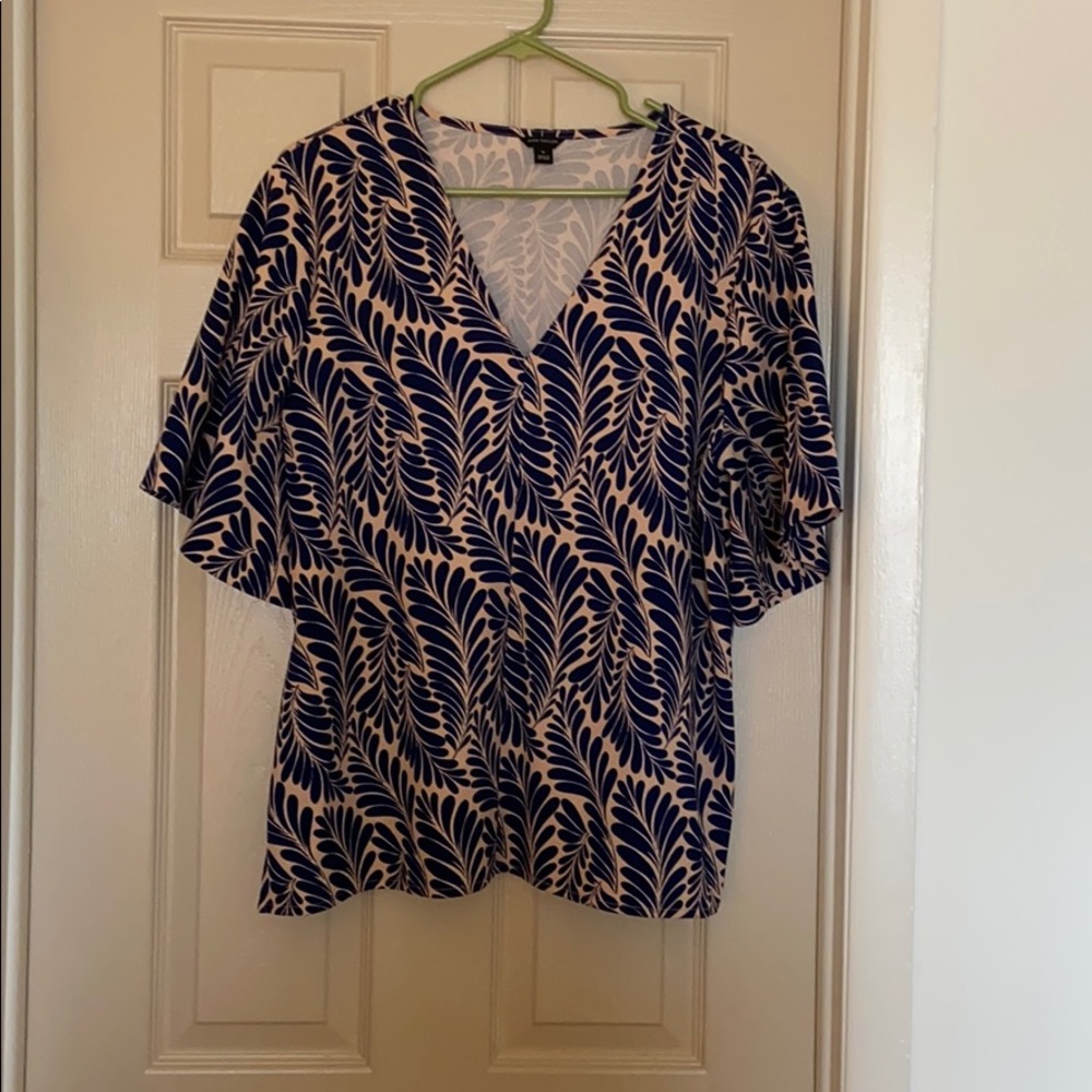 Navy and pink blouse with bell sleeves